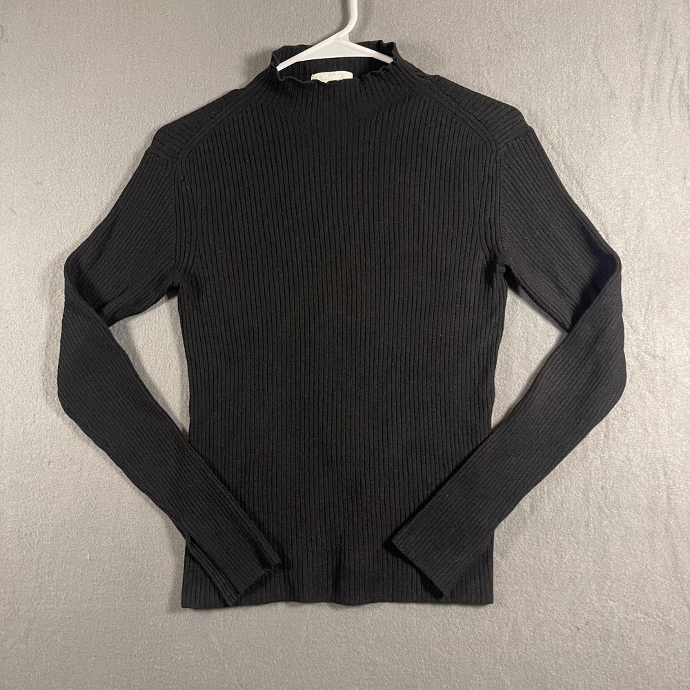 H&M Womens M Black Ribbed Mock Neck Sweater Split Cuffs Fitted Stretch